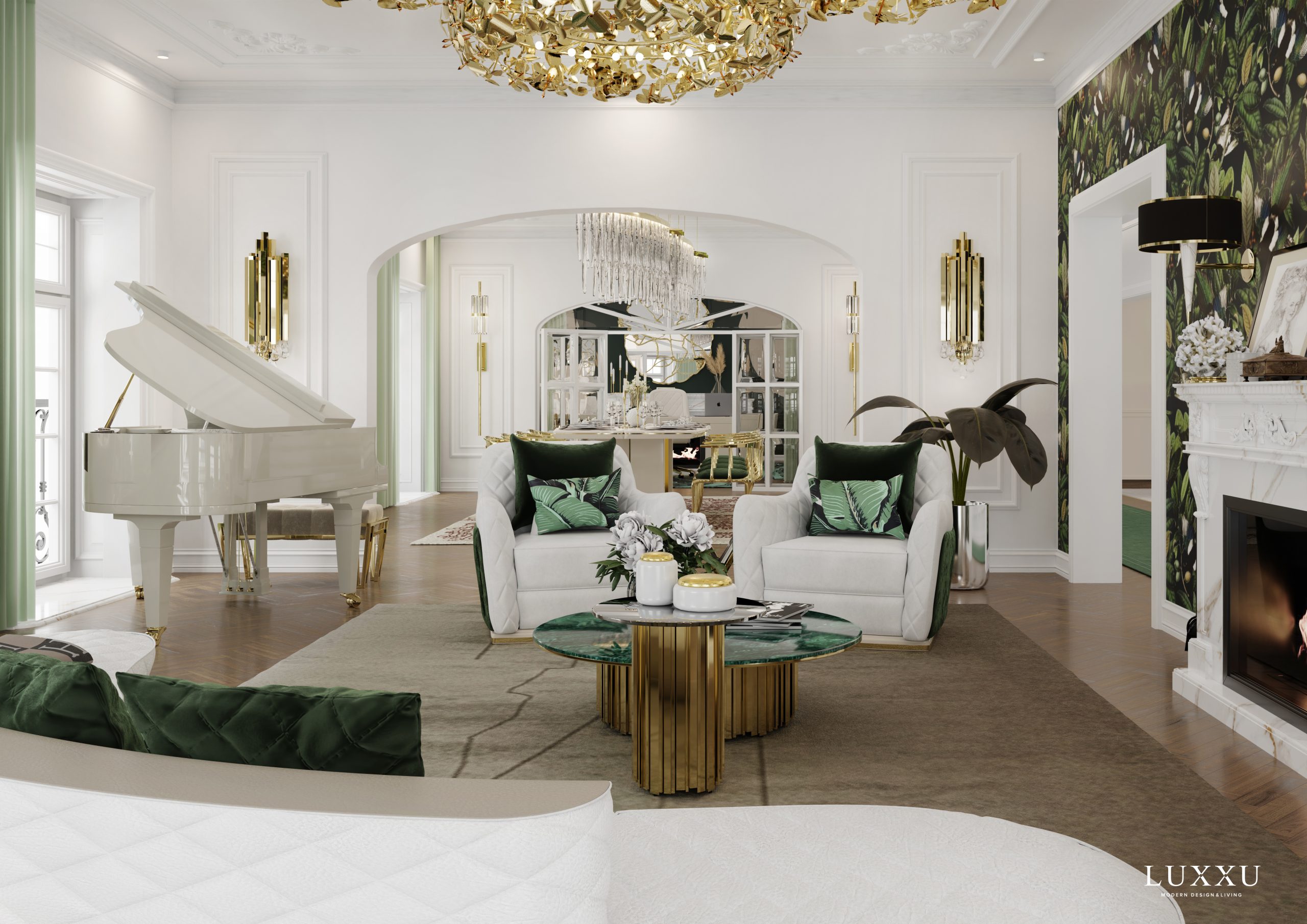 white and green living room design