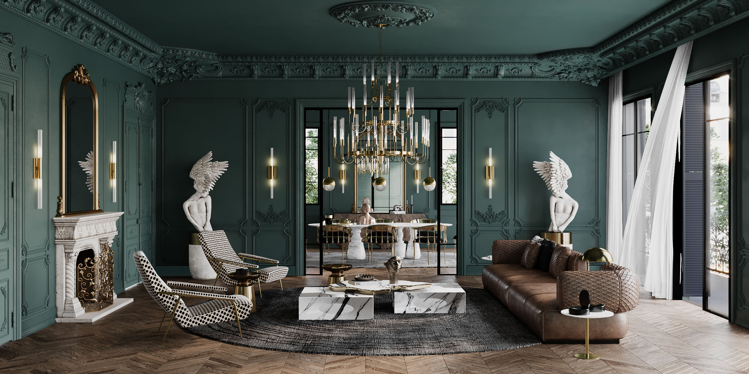 dark green living room design with golden details