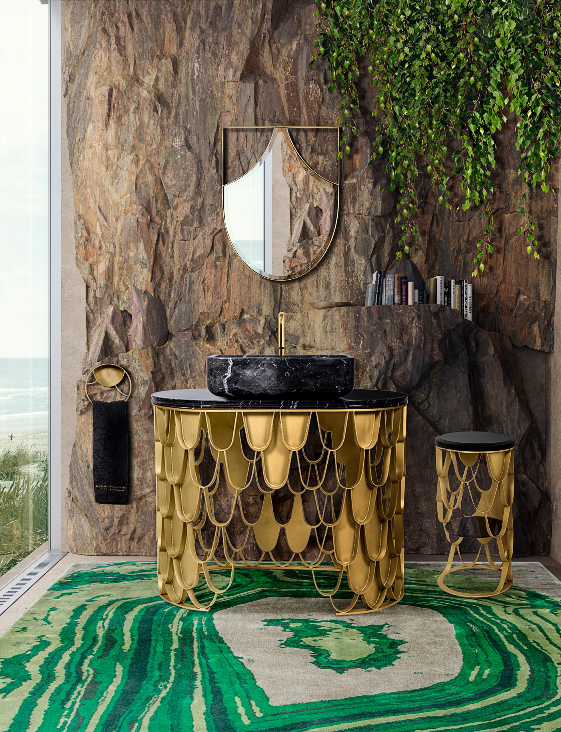 the perfect combination for a soothing and quiet bathroom. This Single Washbasin emerges as an inspirational element as the focal point of this magnificent luxury bathroom.